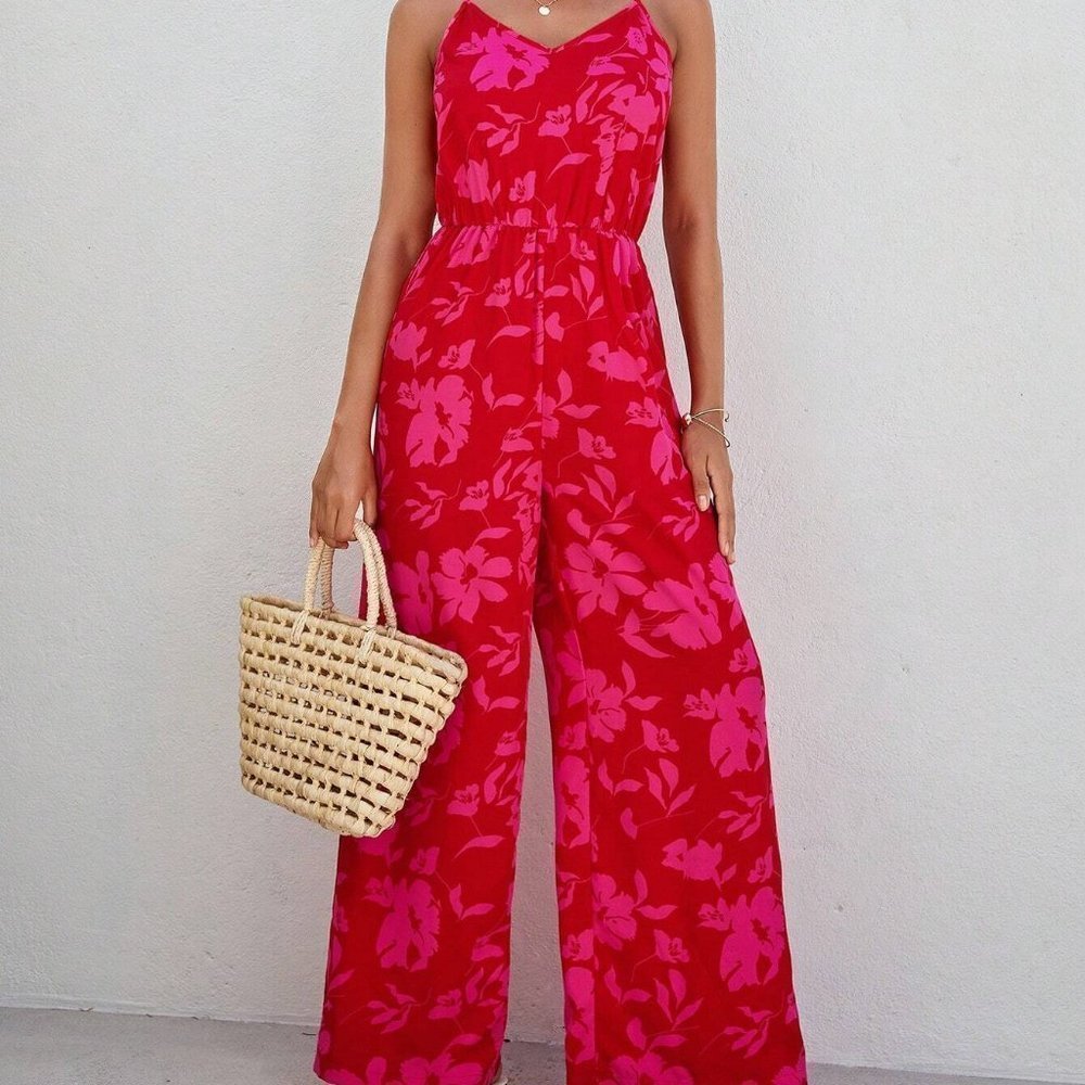 Boho Floral Print Cami Jumpsuit red pink - Picture 2 of 4